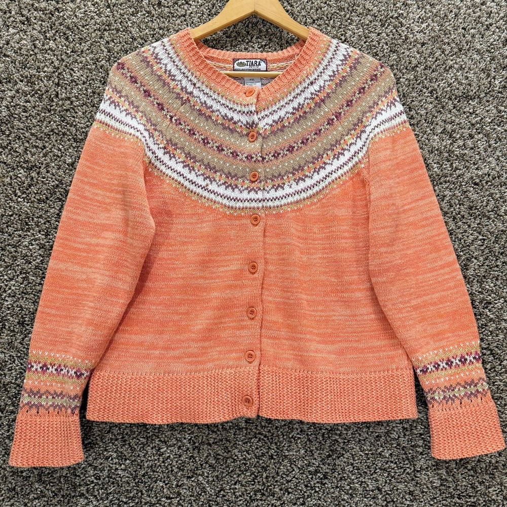 VTG Tiara International Nordic Fair Isle Cardigan‎ Sweater Women's Petite *XL